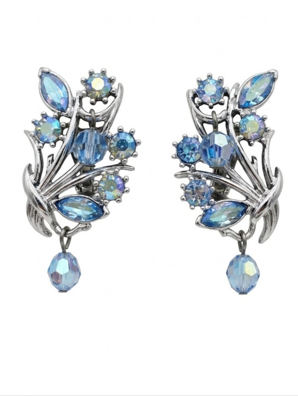 Vintage Coro Blue Crystal Floral Clip-On Earrings